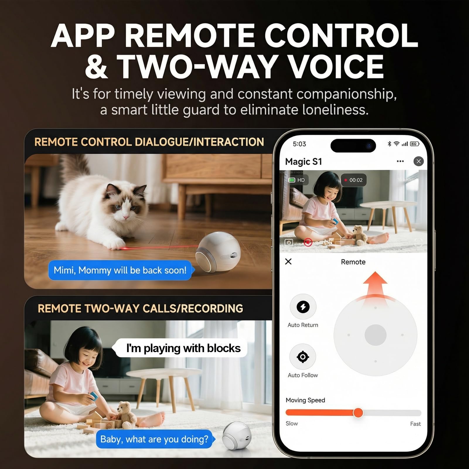 Magic S1 Indoor Security Robot Camera 1080P Portable Pet Camera with App Control Two-Way Audio, Night Vision, Automatic Charging