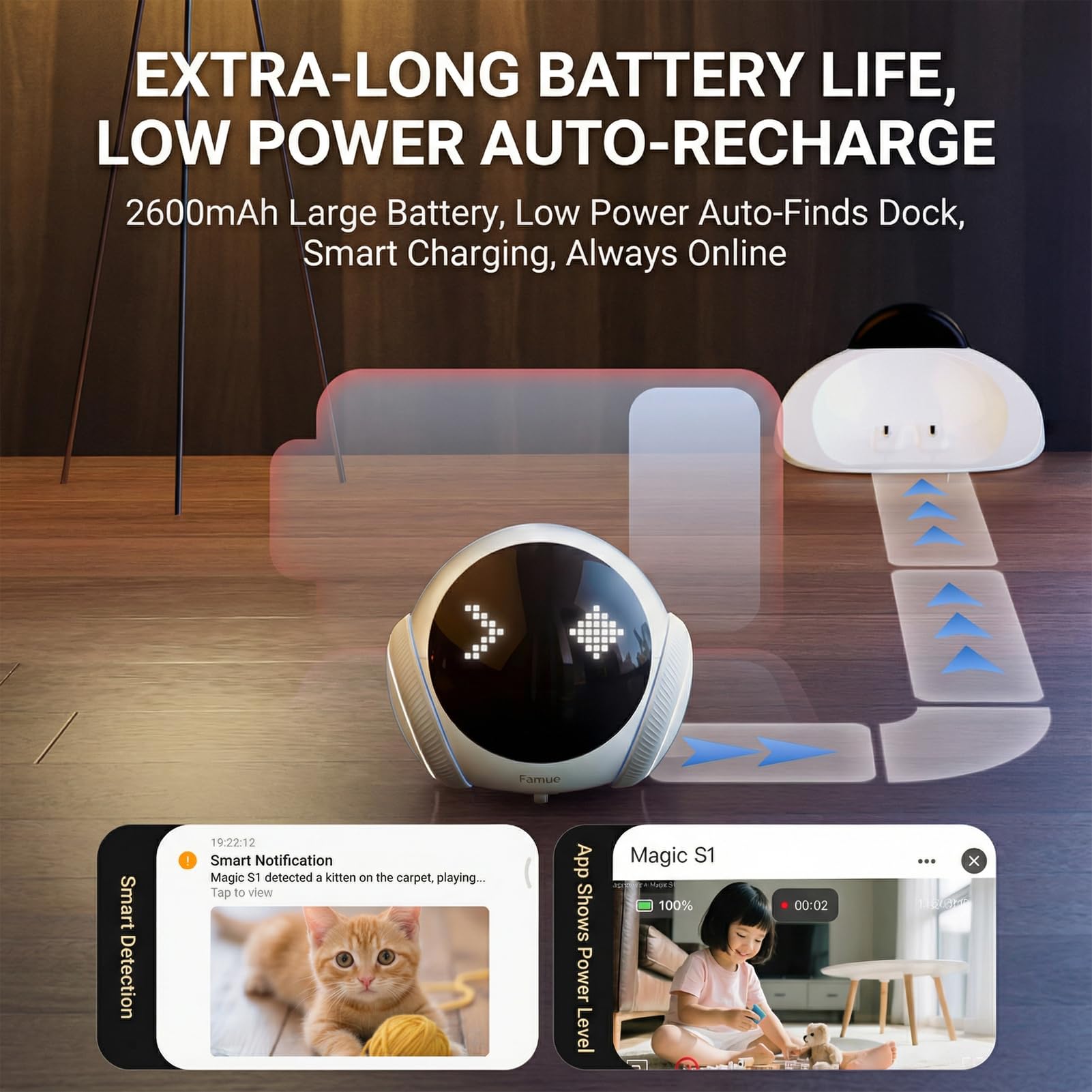 Magic S1 Indoor Security Robot Camera 1080P Portable Pet Camera with App Control Two-Way Audio, Night Vision, Automatic Charging